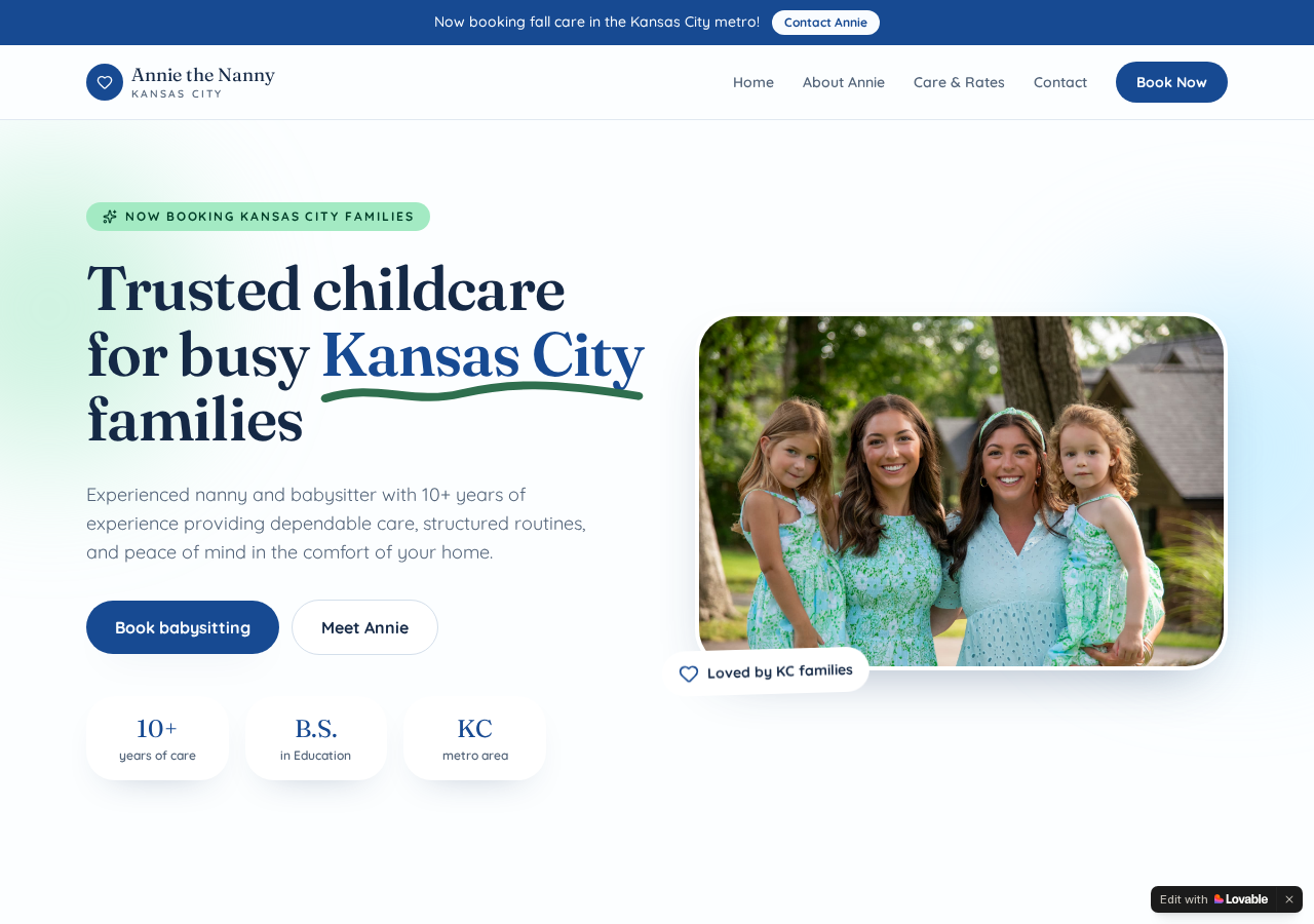 Annie the Nanny KC website homepage — trusted childcare for Kansas City families